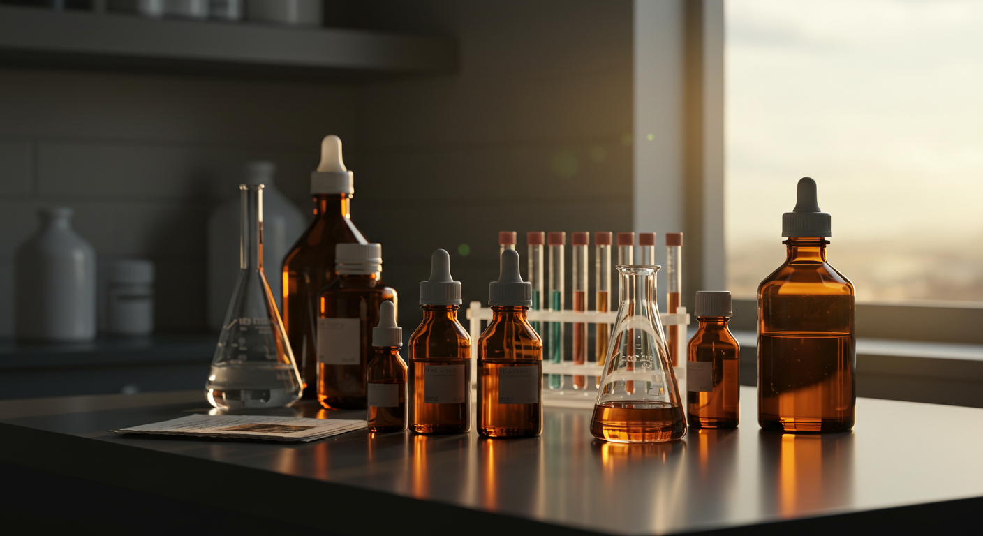 HVO Mesa de laboratorio con químicos Fragancia Sándalo